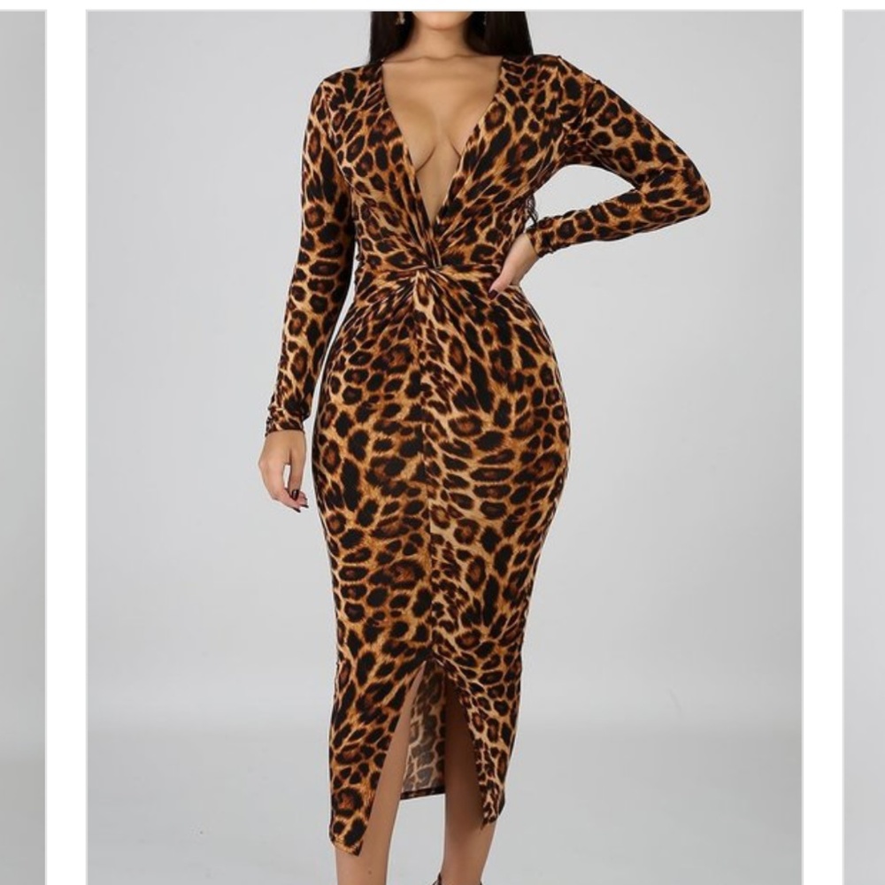 Cheetah Print Midi Dress Deep V-Neck - Just Pretty LLC